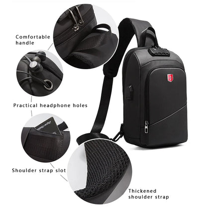 Multifunction Anti-theft Men Shoulder Bags Black USB Charging Crossbody Bags Waterproof Casual Travel Messenger Chest Bag Male