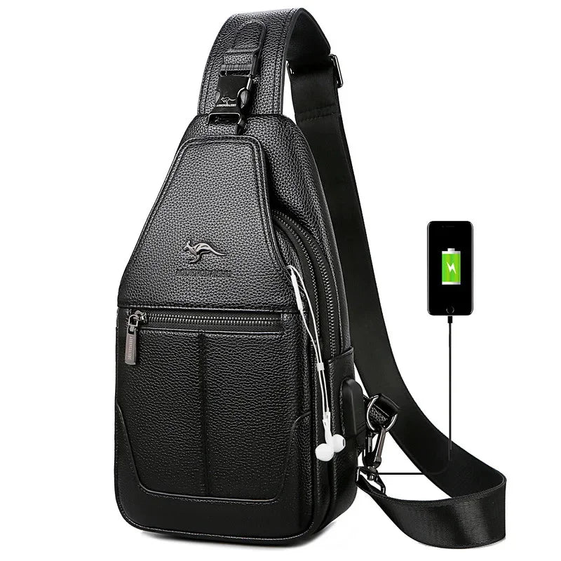 Multifunction Men's Chest Business Leather Crossbody Large Capacity Male Shoulder Portable USB Charging Sling Bag