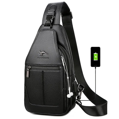Multifunction Men's Chest Business Leather Crossbody Large Capacity Male Shoulder Portable USB Charging Sling Bag