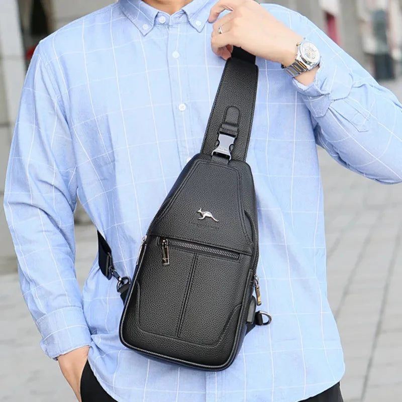 Multifunction Men's Chest Business Leather Crossbody Large Capacity Male Shoulder Portable USB Charging Sling Bag