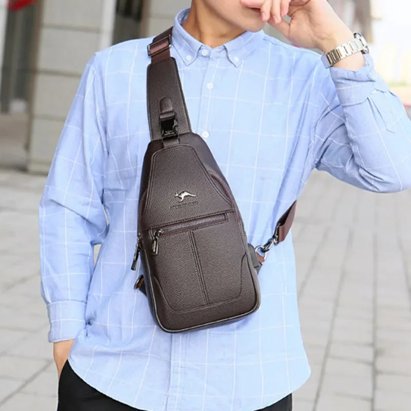 Multifunction Men's Chest Business Leather Crossbody Large Capacity Male Shoulder Portable USB Charging Sling Bag