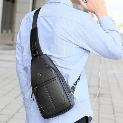 Multifunction Men's Chest Business Leather Crossbody Large Capacity Male Shoulder Portable USB Charging Sling Bag