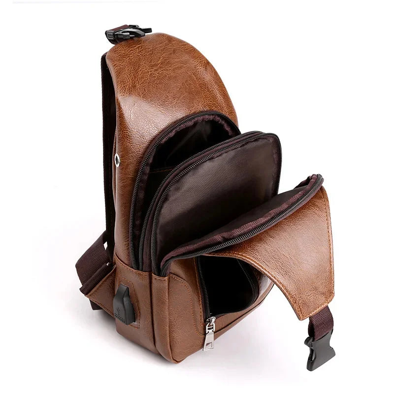 Multifunction USB Charging Men's Fashion PU Leather Crossbody Shoulder Male Chest Pack Sports Sling Bag