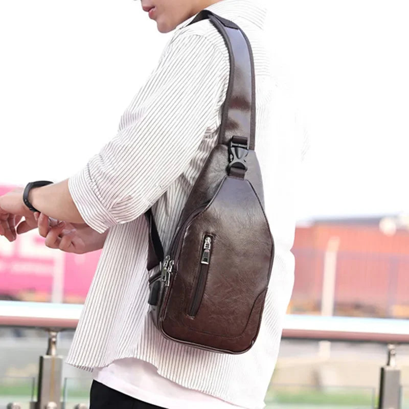 Multifunction USB Charging Men's Fashion PU Leather Crossbody Shoulder Male Chest Pack Sports Sling Bag