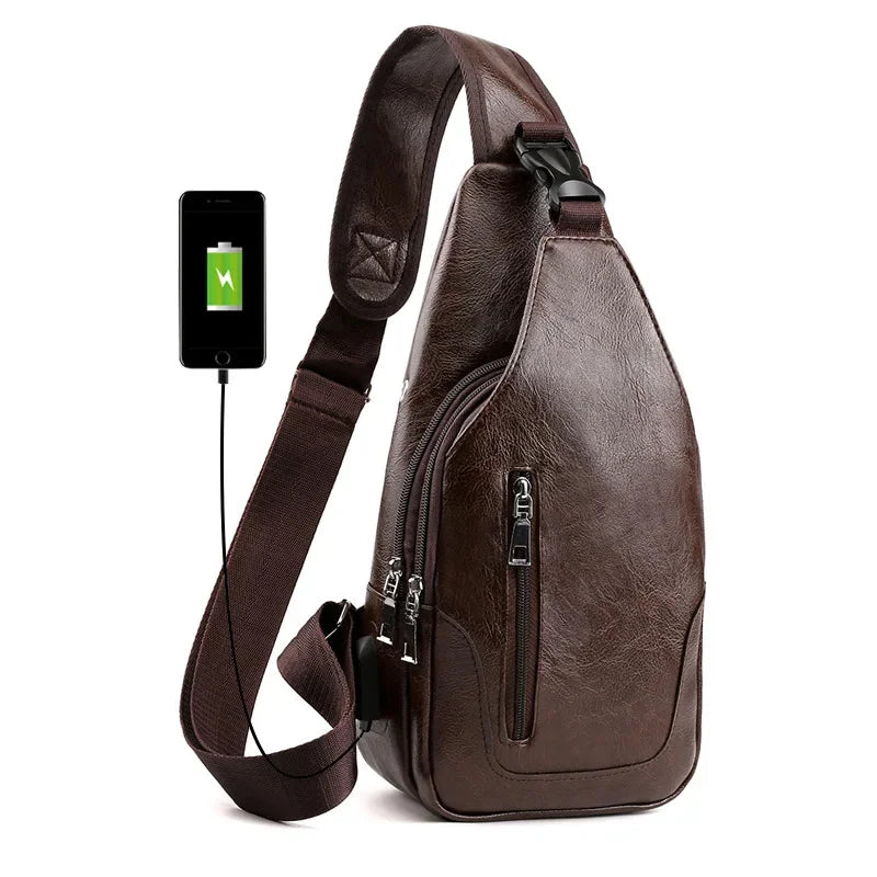 Multifunction USB Charging Men's Fashion PU Leather Crossbody Shoulder Male Chest Pack Sports Sling Bag