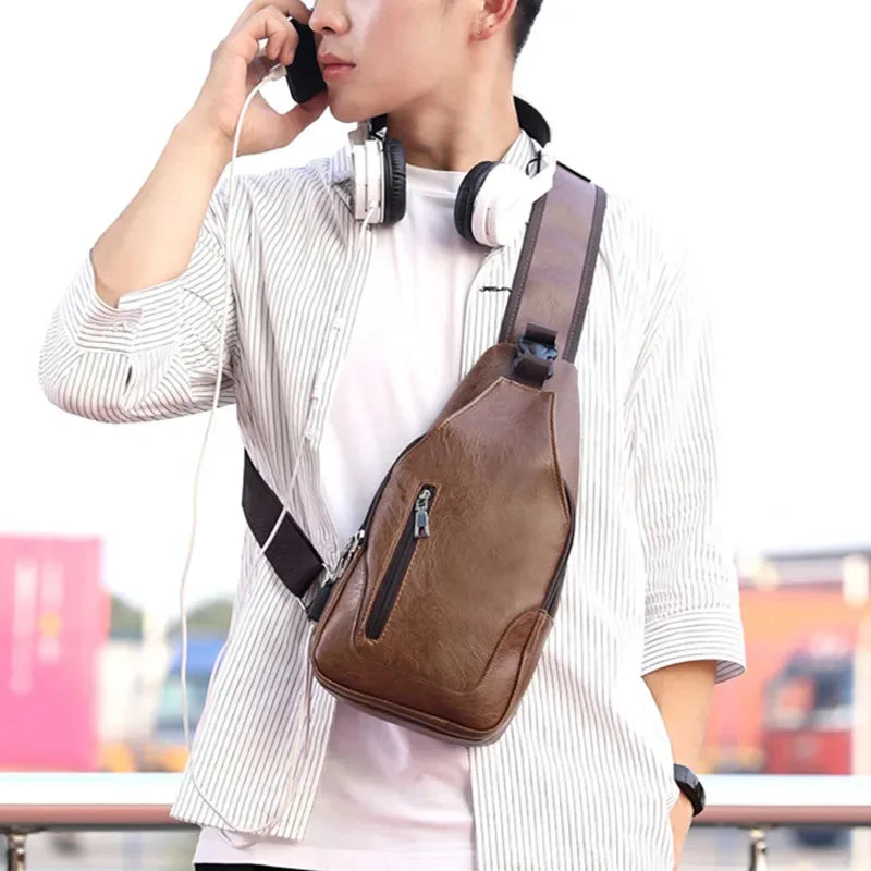 Multifunction USB Charging Men's Fashion PU Leather Crossbody Shoulder Male Chest Pack Sports Sling Bag