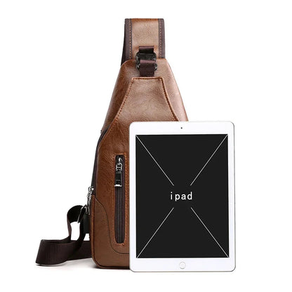 Multifunction USB Charging Men's Fashion PU Leather Crossbody Shoulder Male Chest Pack Sports Sling Bag