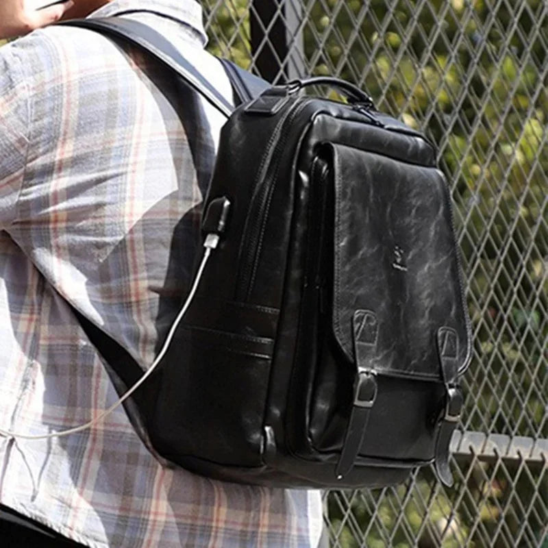 Multifunction leather men's fashion USB charging travel backpack large capacity student school bag for boys