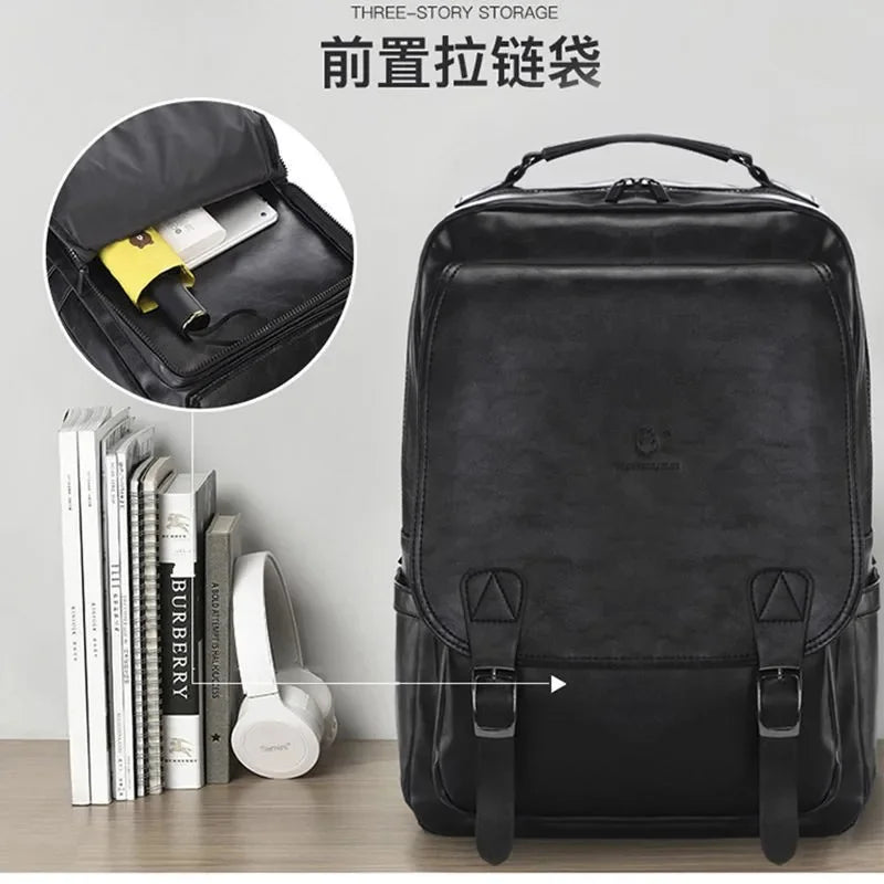 Multifunction leather men's fashion USB charging travel backpack large capacity student school bag for boys