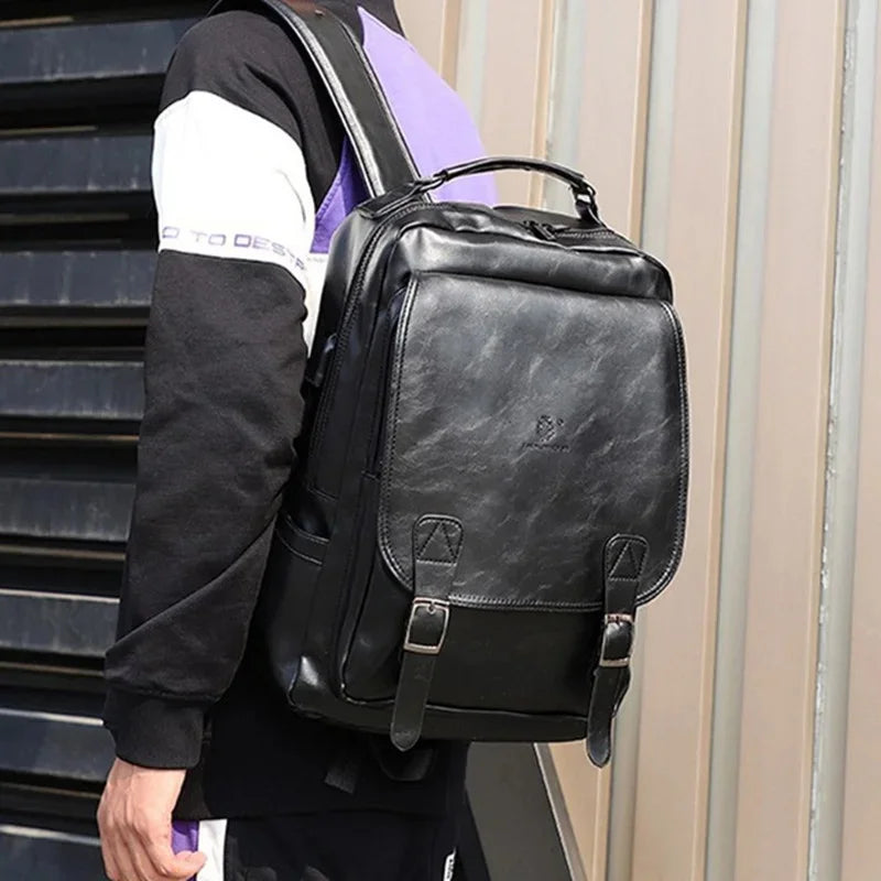 Multifunction leather men's fashion USB charging travel backpack large capacity student school bag for boys