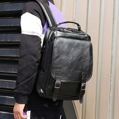 Multifunction leather men's fashion USB charging travel backpack large capacity student school bag for boys