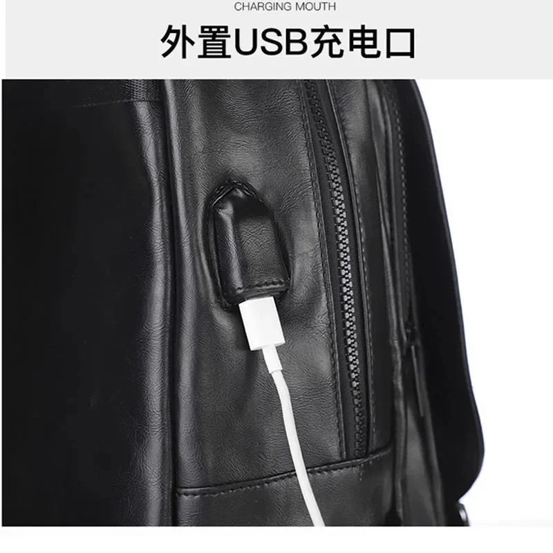 Multifunction leather men's fashion USB charging travel backpack large capacity student school bag for boys