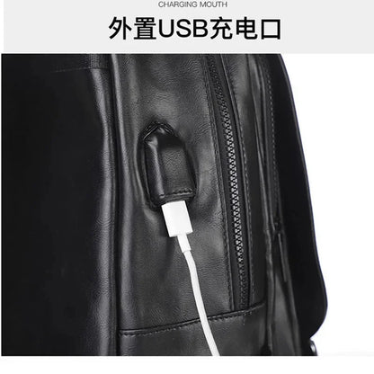Multifunction leather men's fashion USB charging travel backpack large capacity student school bag for boys