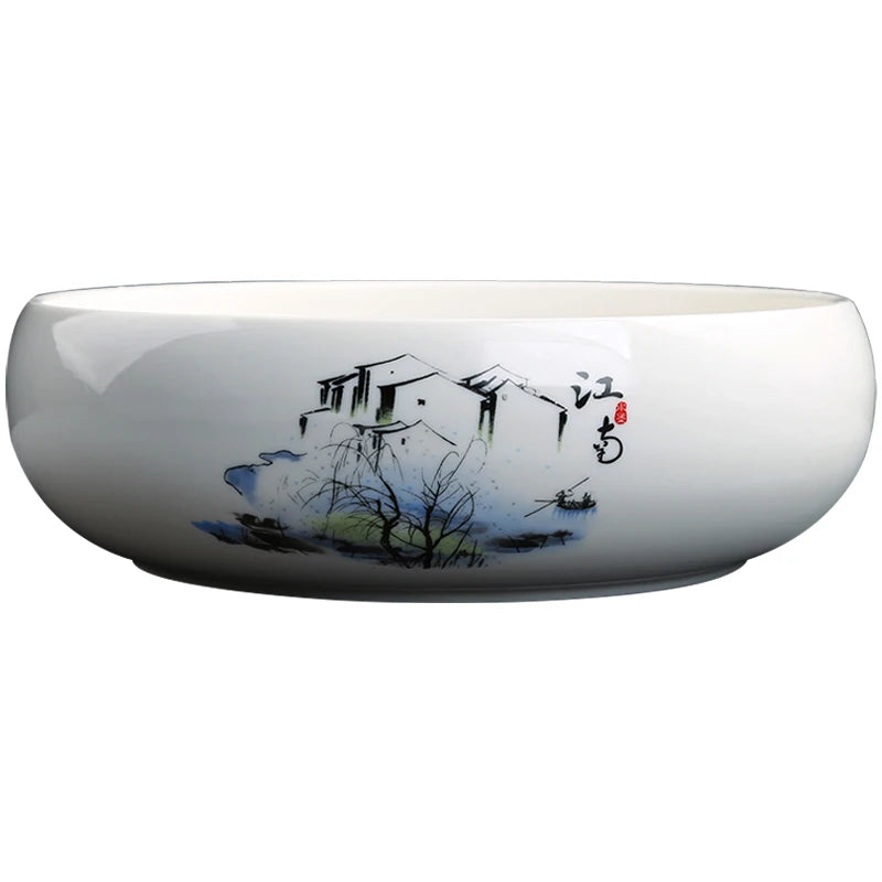 Multifunctional Blue and White Porcelain Tea Washing, Household Ceramic Tea Set Accessories, White Porcelain Basin, Cup Wash
