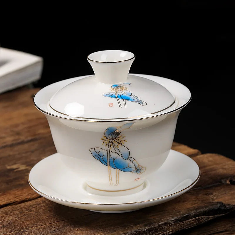 Mutton Fat Jade Porcelain gaiwan handpainted under glaze lead free ceramic tureen covered bowl cup saucer coaster lid in China