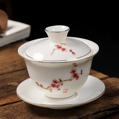 Mutton Fat Jade Porcelain gaiwan handpainted under glaze lead free ceramic tureen covered bowl cup saucer coaster lid in China