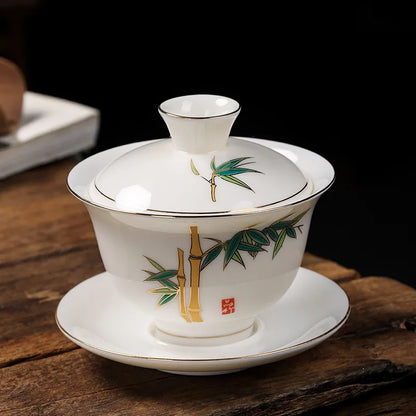 Mutton Fat Jade Porcelain gaiwan handpainted under glaze lead free ceramic tureen covered bowl cup saucer coaster lid in China