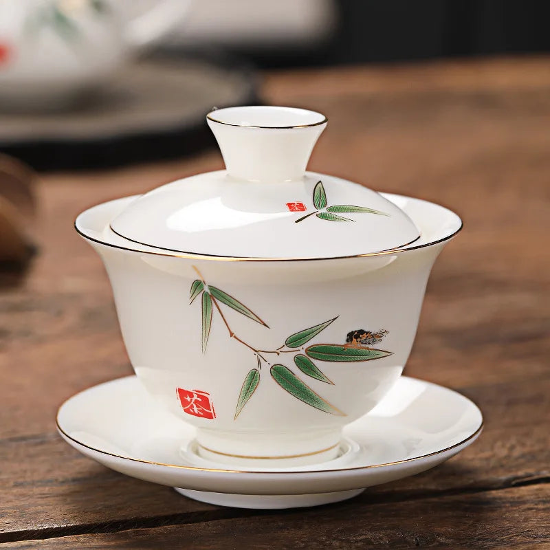 Mutton Fat Jade Porcelain gaiwan handpainted under glaze lead free ceramic tureen covered bowl cup saucer coaster lid in China