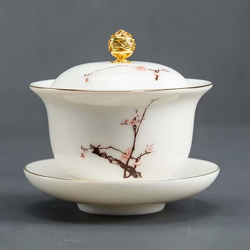 Mutton Fat Jade Porcelain gaiwan wintersweet flower print under glaze ceramic tureen cup bowl saucer lid coaster in China new