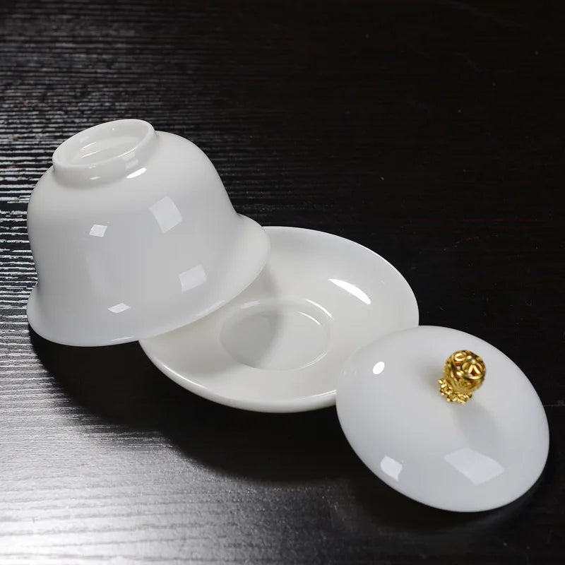 Mutton Fat Jade Porcelain gaiwan wintersweet flower print under glaze ceramic tureen cup bowl saucer lid coaster in China new