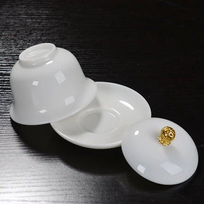 Mutton Fat Jade Porcelain gaiwan wintersweet flower print under glaze ceramic tureen cup bowl saucer lid coaster in China new
