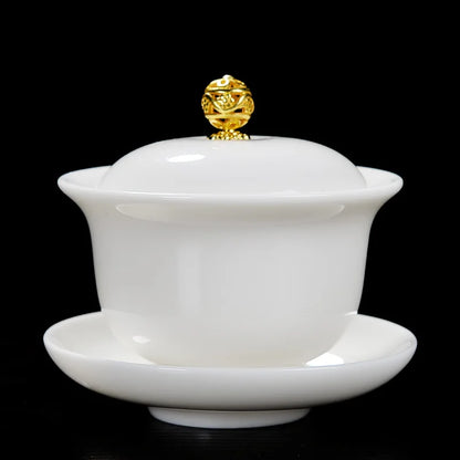 Mutton Fat Jade Porcelain gaiwan wintersweet flower print under glaze ceramic tureen cup bowl saucer lid coaster in China new