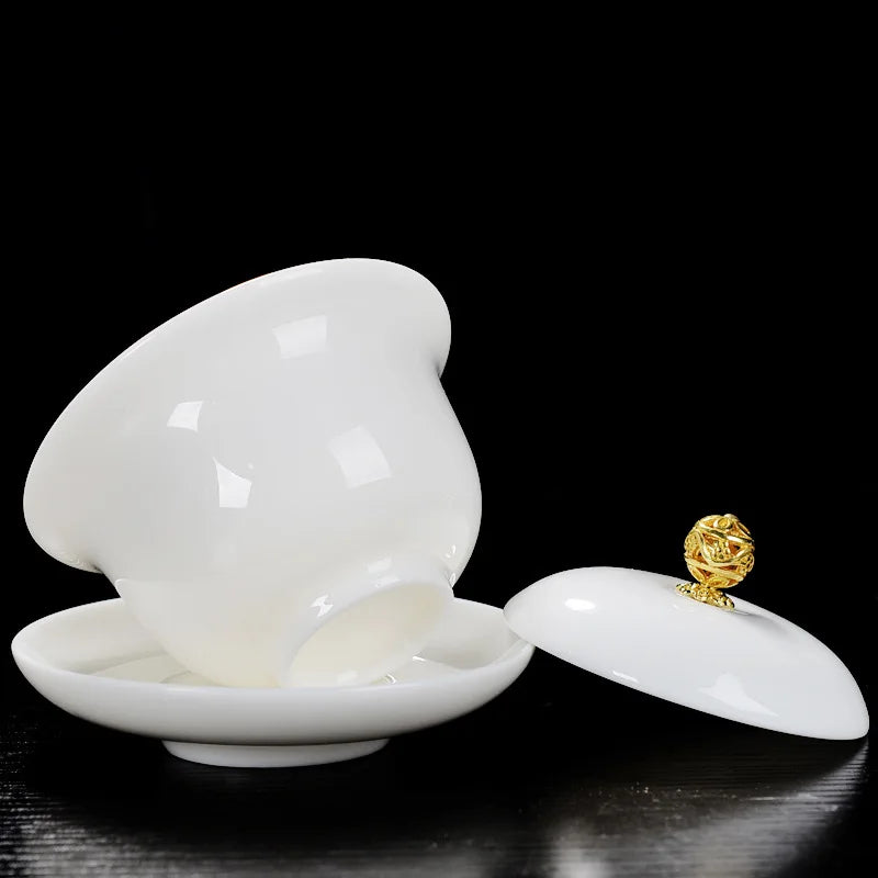 Mutton Fat Jade Porcelain gaiwan wintersweet flower print under glaze ceramic tureen cup bowl saucer lid coaster in China new