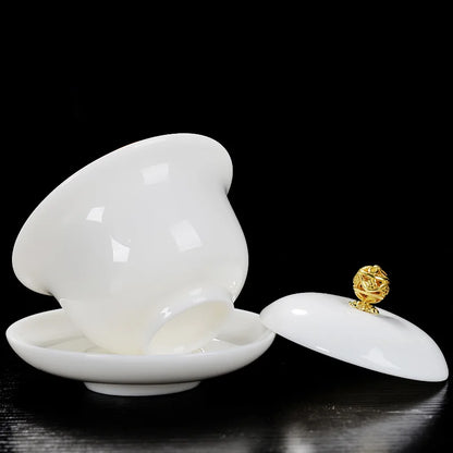 Mutton Fat Jade Porcelain gaiwan wintersweet flower print under glaze ceramic tureen cup bowl saucer lid coaster in China new