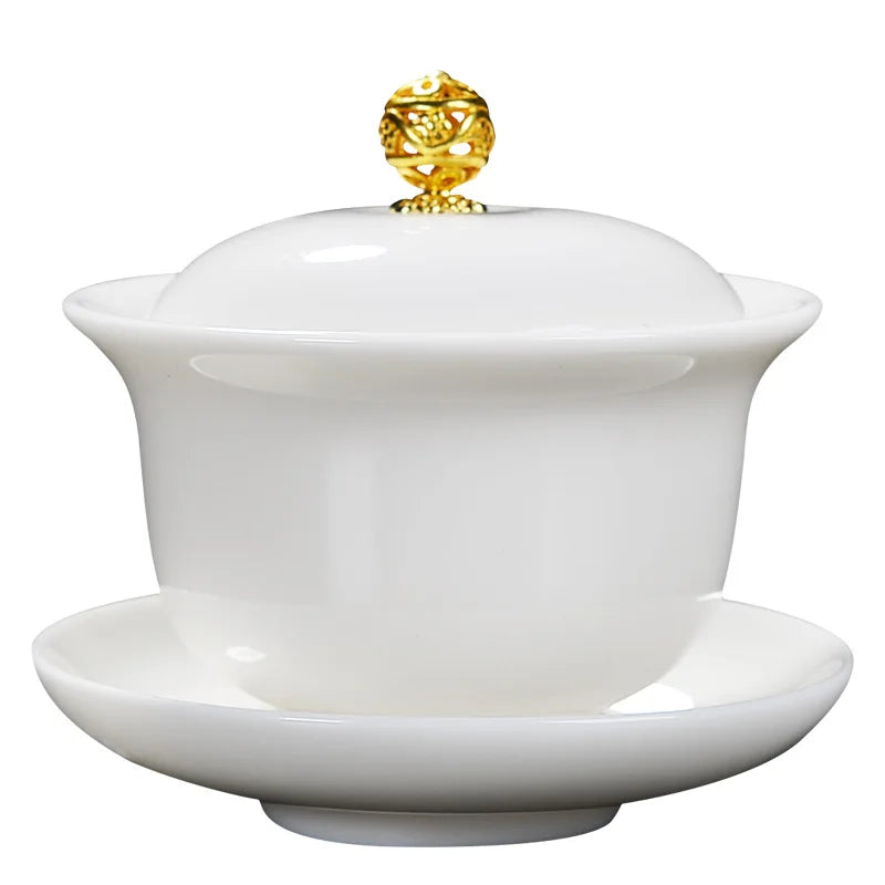 Mutton Fat Jade Porcelain gaiwan wintersweet flower print under glaze ceramic tureen cup bowl saucer lid coaster in China new