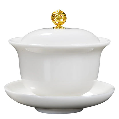 Mutton Fat Jade Porcelain gaiwan wintersweet flower print under glaze ceramic tureen cup bowl saucer lid coaster in China new