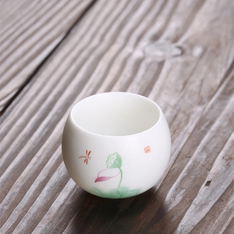 Mutton Fat Jade Porcelain tea cup handpainted master cup floral print personal kungfu cups 80ml on sales in China