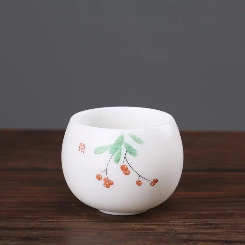 Mutton Fat Jade Porcelain tea cup handpainted master cup floral print personal kungfu cups 80ml on sales in China