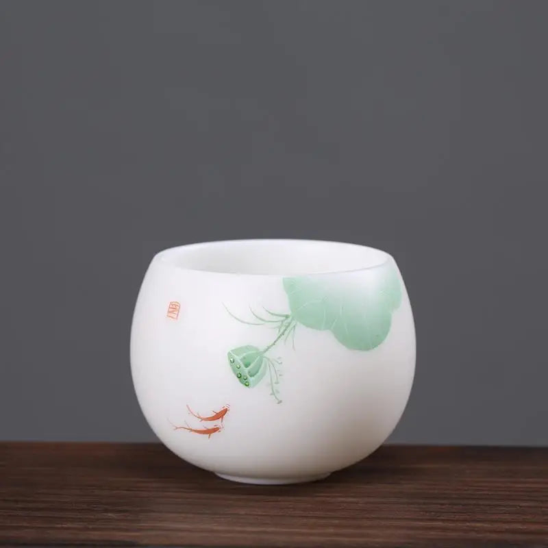 Mutton Fat Jade Porcelain tea cup handpainted master cup floral print personal kungfu cups 80ml on sales in China
