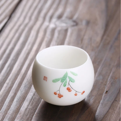 Mutton Fat Jade Porcelain tea cup handpainted master cup floral print personal kungfu cups 80ml on sales in China