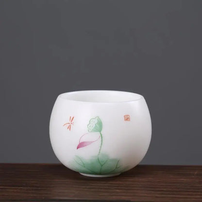 Mutton Fat Jade Porcelain tea cup handpainted master cup floral print personal kungfu cups 80ml on sales in China