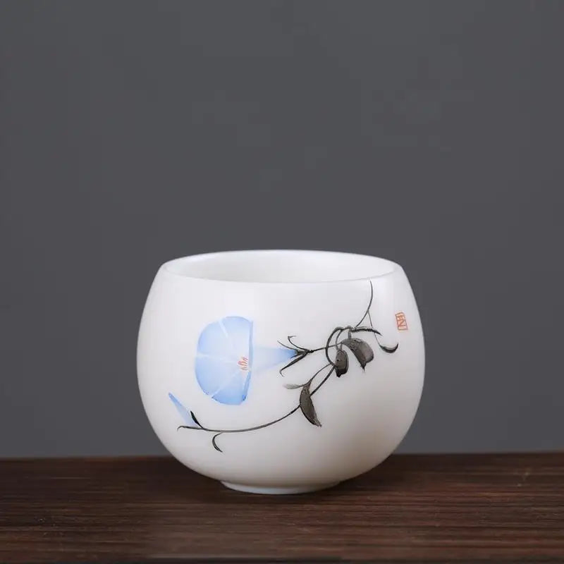 Mutton Fat Jade Porcelain tea cup handpainted master cup floral print personal kungfu cups 80ml on sales in China