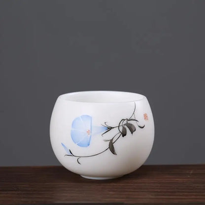 Mutton Fat Jade Porcelain tea cup handpainted master cup floral print personal kungfu cups 80ml on sales in China