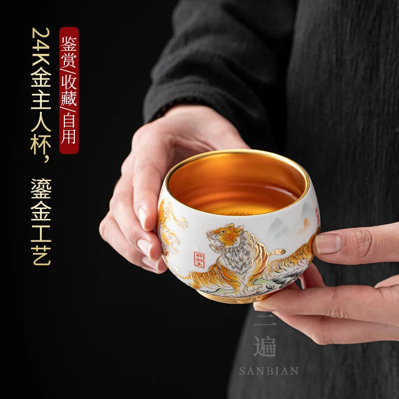 Mutton Fat Jade Tiger Master Cup Gilding Tiger Year Tea Cup White Porcelain Five Tiger Tea Cup Single Large Dedicated Tea Cup
