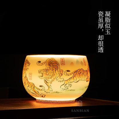 Mutton Fat Jade Tiger Master Cup Gilding Tiger Year Tea Cup White Porcelain Five Tiger Tea Cup Single Large Dedicated Tea Cup