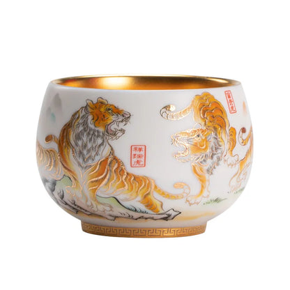 Mutton Fat Jade Tiger Master Cup Gilding Tiger Year Tea Cup White Porcelain Five Tiger Tea Cup Single Large Dedicated Tea Cup