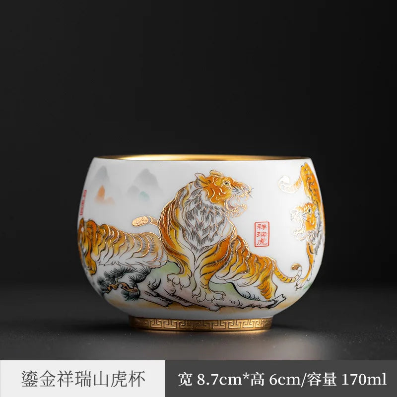 Mutton Fat Jade Tiger Master Cup Gilding Tiger Year Tea Cup White Porcelain Five Tiger Tea Cup Single Large Dedicated Tea Cup