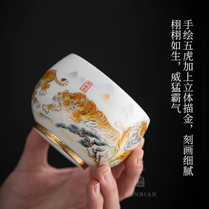 Mutton Fat Jade Tiger Master Cup Gilding Tiger Year Tea Cup White Porcelain Five Tiger Tea Cup Single Large Dedicated Tea Cup