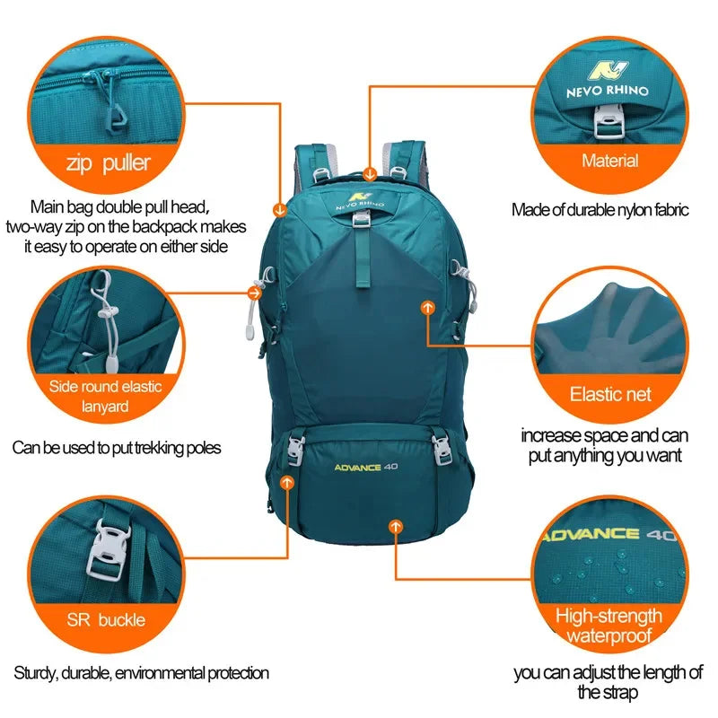 NEVO RHINO 40L Waterproof Men's Backpack Unisex travel pack bag hiking Outdoor Mountaineering Climbing Camping backpack for male