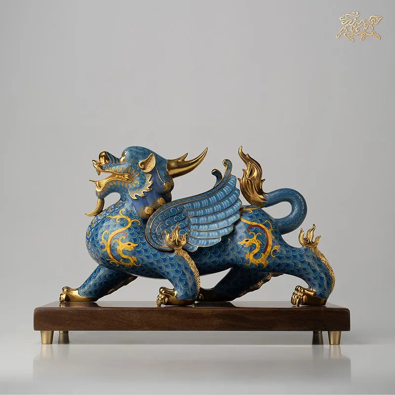 National treasure Cloisonne Royal Dragon PI XIU HOME company business bring wealth money GOOD LUCK 24K Gold-plated statue