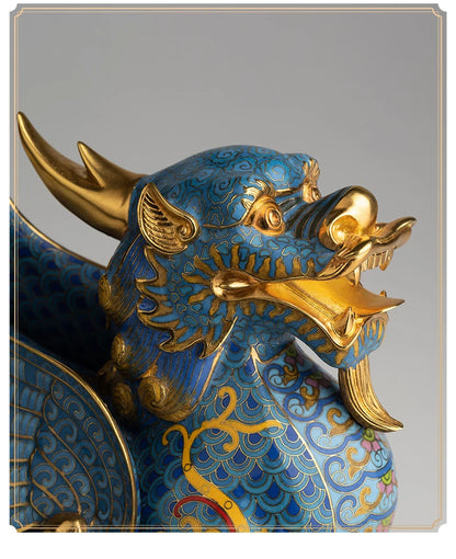 National treasure Cloisonne Royal Dragon PI XIU HOME company business bring wealth money GOOD LUCK 24K Gold-plated statue