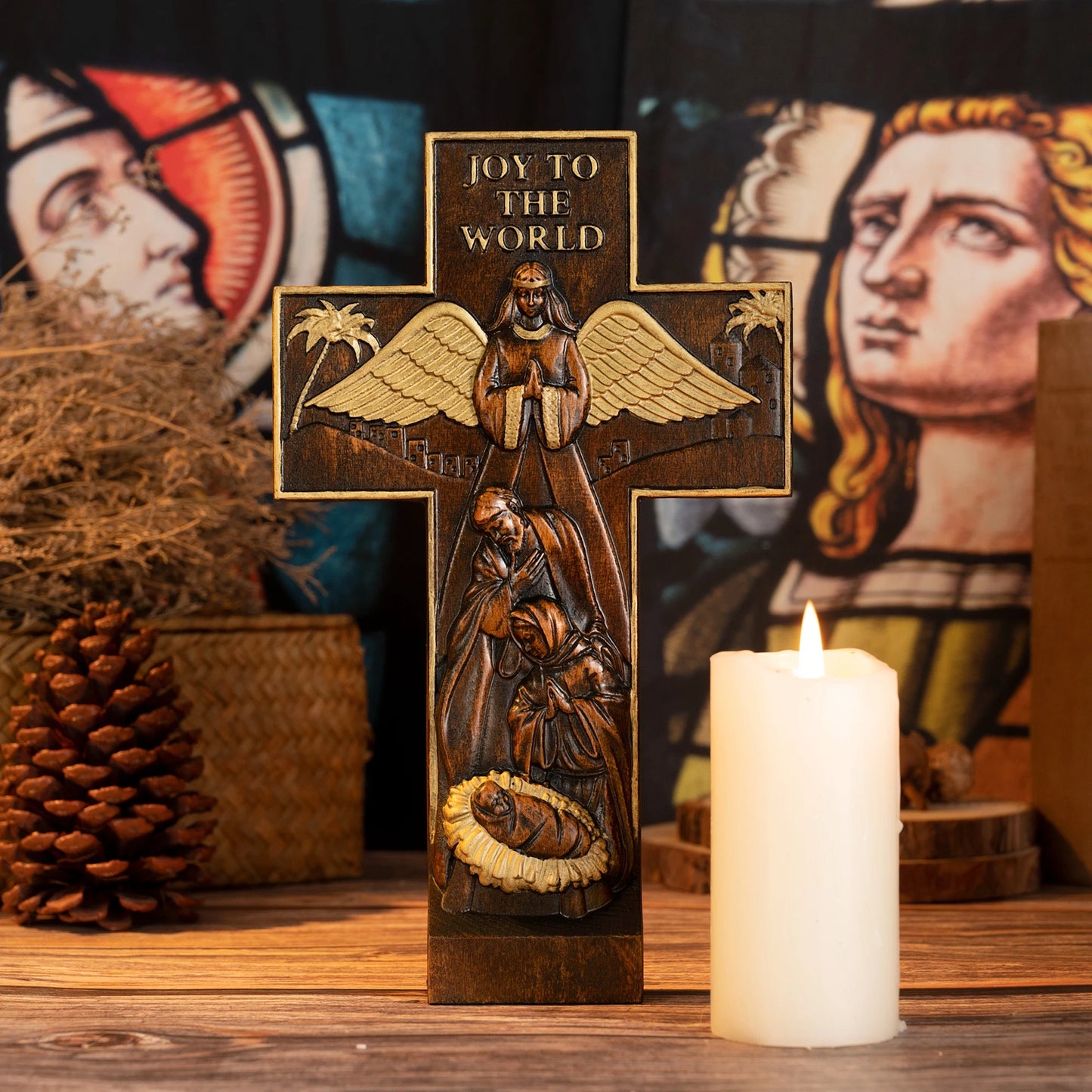 Nativity Wooden Crosses Christian Home Decor Tabletop Centerpieces Wooden Nativity Scene Sculptures and Figurines Christmas Gift