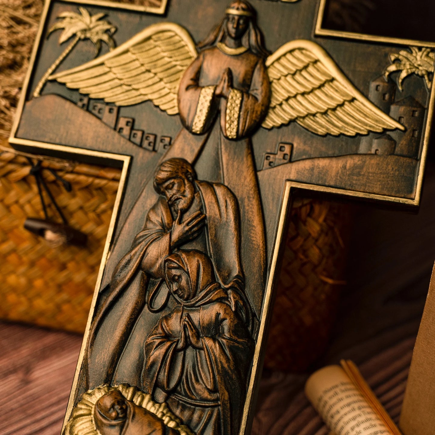 Nativity Wooden Crosses Christian Home Decor Tabletop Centerpieces Wooden Nativity Scene Sculptures and Figurines Christmas Gift