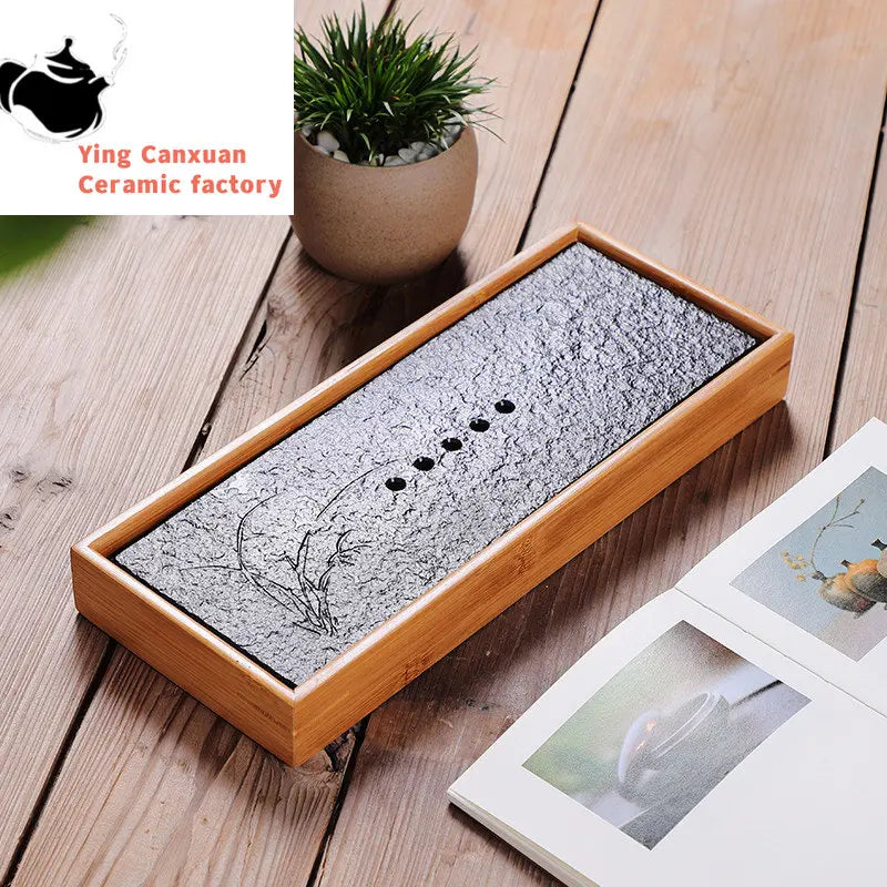Natural Bamboo Double Layer Black Stone Tea Tray Rectangular Water Storage Small Tea Tray Chinese Tea Ceremony Accessories