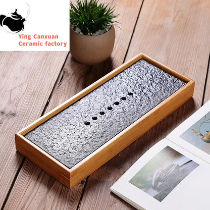 Natural Bamboo Double Layer Black Stone Tea Tray Rectangular Water Storage Small Tea Tray Chinese Tea Ceremony Accessories