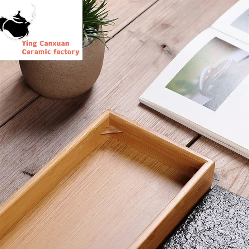 Natural Bamboo Double Layer Black Stone Tea Tray Rectangular Water Storage Small Tea Tray Chinese Tea Ceremony Accessories